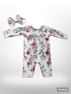 Floral Ribbed Baby Romper with Headband - Pink & Green Flowers